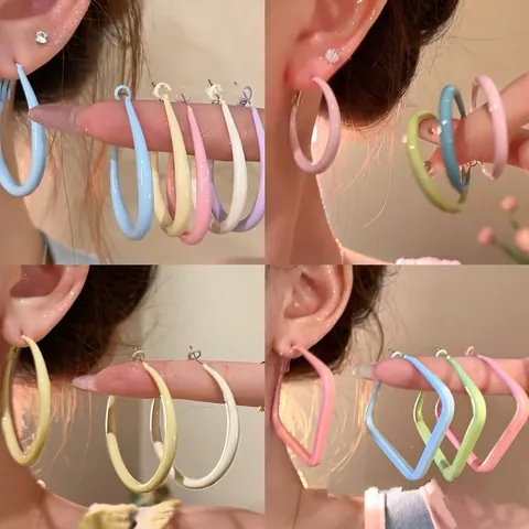 Colorful Hoop Earrings Alloy Geometric Smooth Macaron Dopamine Style Jewelry With Silver Earring Post For Women