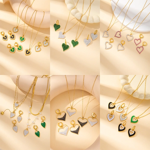 Stainless Steel Heart Butterfly Dragonfly Pendant Necklace Earrings Jewelry Set Rhinestone Shell For Women Gold Plated Jewelry