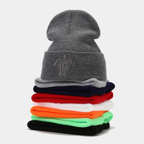 Knit Beanie Hat Acrylic Turtle Embroidery Cuffed Warm Winter Outdoor Casual Solid Color Unisex Chic Cap