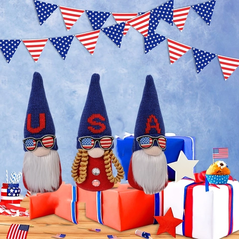 Independence Day Gnome Plush Patriotic Faceless Dwarf Toy With Stars Stripes Sunglasses Red White Blue USA Knitted Table Decoration
