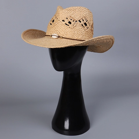 Δυτικό Καπέλο Cowboy Straw Sun Hat Wide Brim Hollow Knit Paper Summer Beach Travel Jazz Hat Διακόσμηση Κοχυλιών Για Γυναίκες Άνδρες