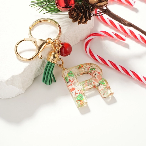 Weihnachts Buchstabe R Schlüsselanhänger Transparentes Harz Initialen Anhänger Mit Roter Glocke Und Grüner Quaste