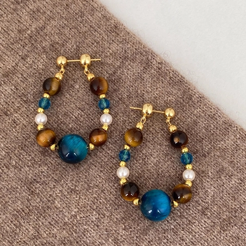 Orecchini Pendenti Vintage In Pietra Occhio Di Tigre Con Perno In Argento Sterling 925 Perla Artificial Gioielli Boho
