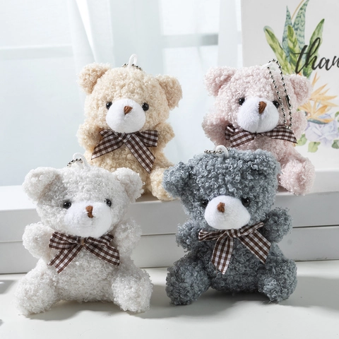 Mini Teddy Bear Plush Keychain Curly Hair Bear Bag Pendant With Gingham Bow Tie Cute Animal Soft Toy For Kids Women