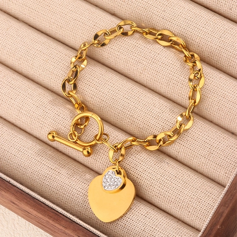 Heart Charm Bracelet Stainless Steel With Zircon Pendant Toggle Clasp Fashion Jewelry For Women