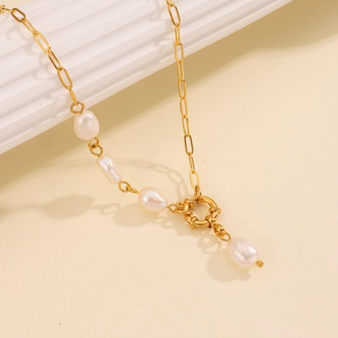 18K Gold Plated Stainless Steel Paperclip Chain Necklace With Baroque Freshwater Pearls Irregular Pendant Women Vintage