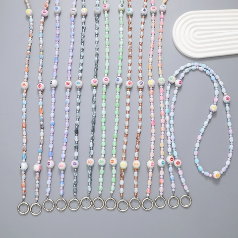 Handmade Acrylic Beaded Phone Lanyard Number Print Crossbody Phone Chain Colorful Marble Pattern Strap Women Girl Tech Jewelry