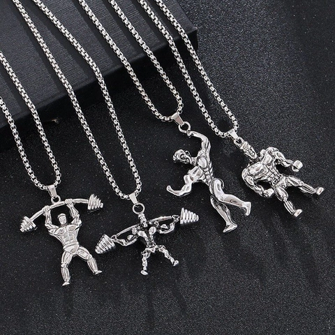 Collana Pendente Uomo Muscoloso Sollevamento Pesi Acciaio Inossidabile Lega Fitness Bodybuilding Hip Hop Gioielli Per Uomo