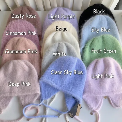 Winter Ear Flap Beanie Hat 80 Percent Rabbit Hair Warm Knit Trapper Cap With Long Straps For Women