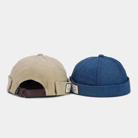 Vintage Denim Docker Hat For Men Women Adjustable Miki Hat No Brim Retro Sailor Cap With Letter Label Fashion Streetwear