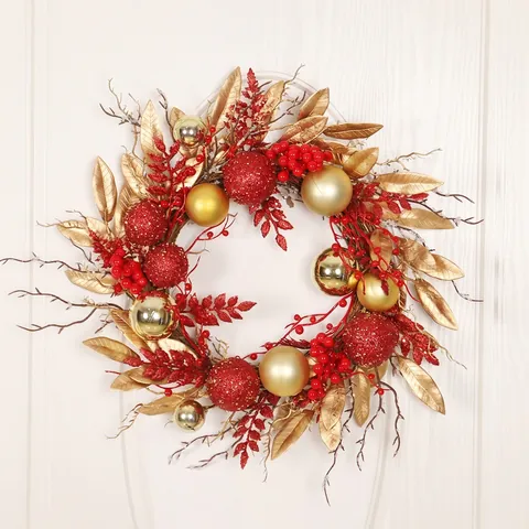 Christmas Wreath With LED Warm Lights Red Gold Glitter Balls Berries Artificial Leaves Front Door Wall Hanging Decor
