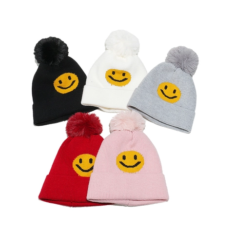 Damen Winter Beanie Mütze Acryl Rippstrick Verdickt Warm Mit Kunstpelz Bommel Und Smiley Patch Lässig
