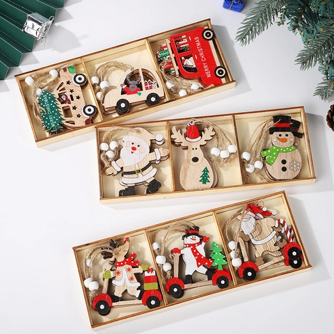Wooden Christmas Tree Pendants Ornaments Cartoon Santa Claus Snowman Reindeer Painted Wood Hanging Decorations For Holiday Party Decor With Box