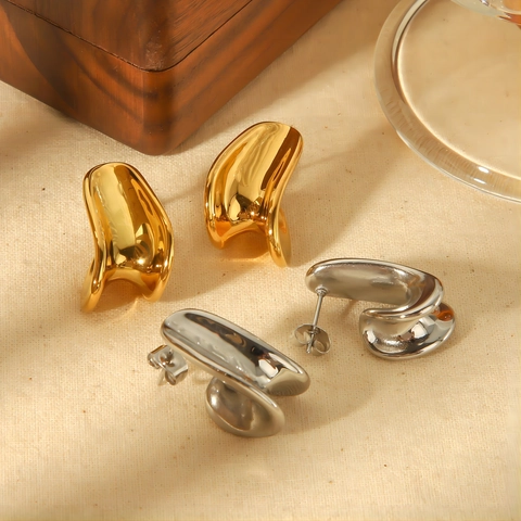 Irregular Wave Stud Earrings Stainless Steel 18K Gold Plated Liquid Metal Style Minimalist High Polish Jewelry For Women