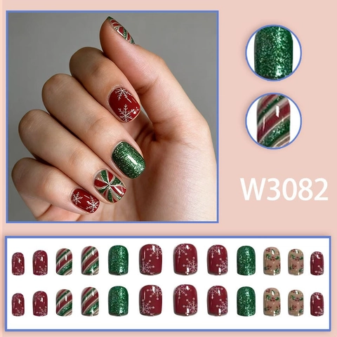 Weihnachts-Aufdrucknägel Schneeflocke Candy-Streifen Rot Grün Glitzer Kurze Quadratische Künstliche Nägel Damen Urlaub