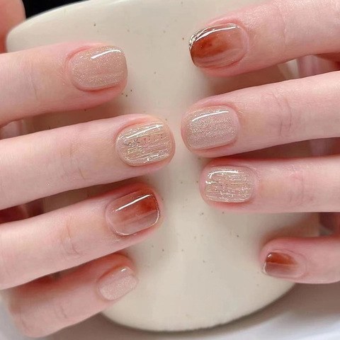 Ψεύτικα Νύχια Amber Brown Marble Glitter Glossy Short Square Oval Τεχνητά Νύχια Για Γυναίκες