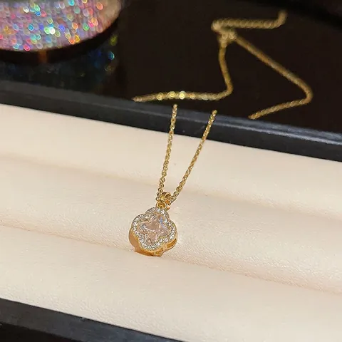 Elegante Klavertje Vier Hanger Ketting Goud Verguld Titanium Staal Met Zirkonia Inlay Sieraden Voor Dames