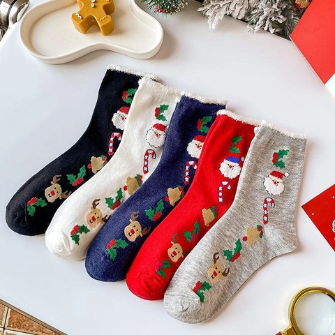 Calcetines De Navidad Para Mujer De Punto De Algodón Con Ribete De Piel Sintética Bordado De Papá Noel Reno Invierno Cálido