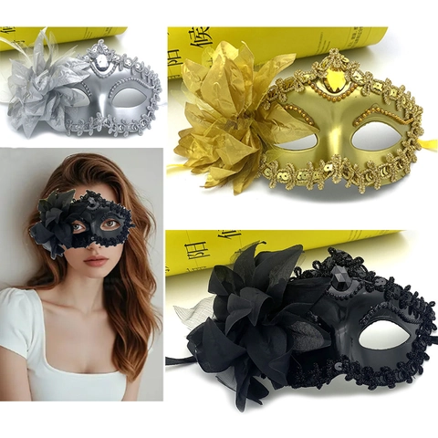 Elegant Masquerade Mask Half Face Mesh Flower Sequins Faux Gem Venetian Carnival Halloween Costume Party Accessory Women
