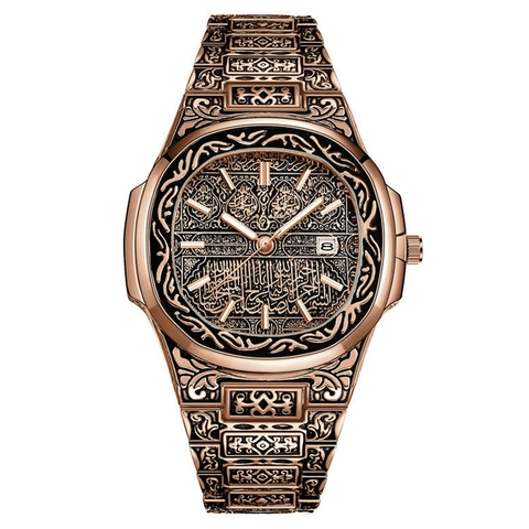 Men Quartz Watch Vintage Islamic Style Full Engraved Alloy Metal Strap Date Calendar Fashion Wristwatch Luxury Style
