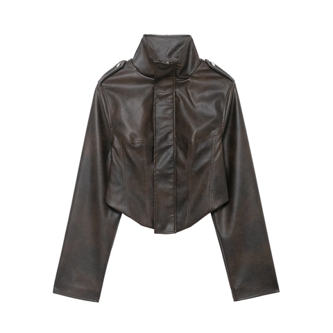 Dames PU Leren Jas Opstaande Kraag Kort Moto Stijl Vintage Lange Mouwen Ritssluiting Bovenkleding Bruin