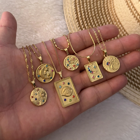 Celestial Pendant Necklace Stainless Steel With Colorful Zircon Star Moon Sun Eye Charms For Women Trendy Luxury Jewelry