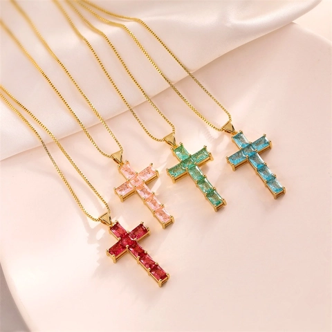 Collana Con Pendente A Croce Rame Micro Pave Zirconia Colorata Gioielli Di Moda Per Donna