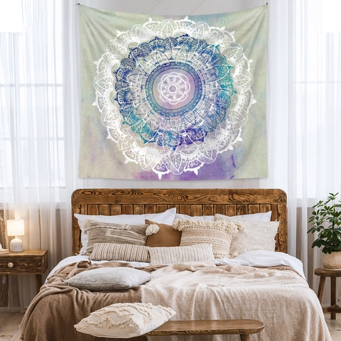 Arazzo Da Parete Mandala Poliestere Decorazione Bohémien Blu Viola Bianco Sfumato Per Camera Soggiorno Casa