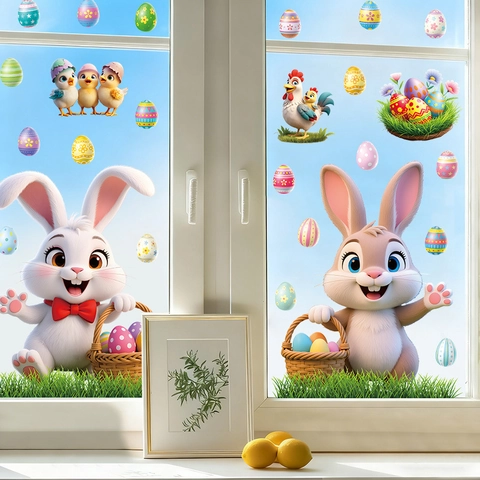 Cartoon Easter Wall Stickers PVC Self-Adhesive Rabbit Chick Egg Pattern For Kids Room Background Decor Cute Window Decals Holiday Ornament