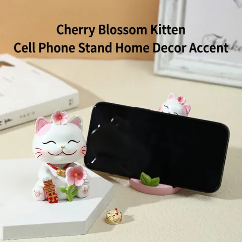 Lucky Cat Figurine Resin Cherry Blossom Maneki Neko Cute Cartoon Desk Decor Phone Holder Stand Bobbing Head Ornament