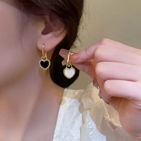 Orecchini A Cerchio A Cuore Vintage Doppia Faccia Nero E Bianco Acciaio Inossidabile Placcato Oro Stile Francese Per Donna