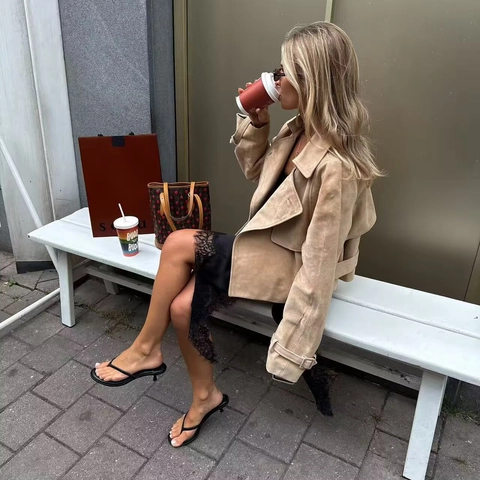Wildleder Kurzjacke Damen Britischer Stil Mit Gürtel Langarm Revers Commuter Oberbekleidung Casual Mode