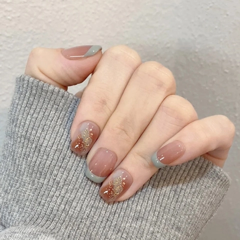 Press On Nails Courts Style Français Caramel Ambre Marbre Feuille Dor Paillettes Ongles Artificiels Elégants Pour Femmes