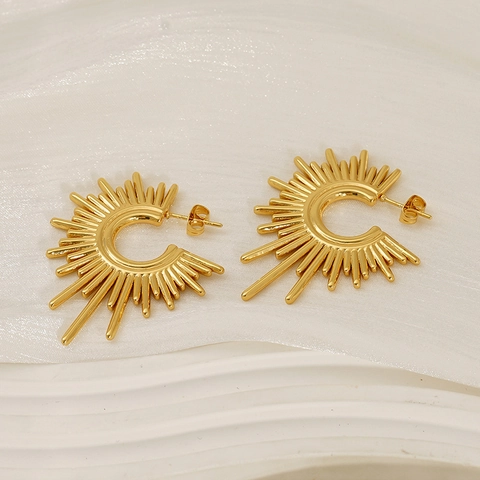 Orecchini A Lobo Girasole Radiale Acciaio Inossidabile Placcato Oro 18K Forma C Geometrico Retrò Moda Per Donne