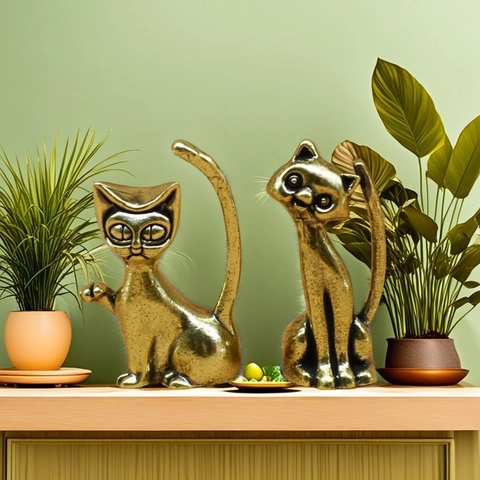 Retro Messing Kattenbeeldjes Metalen Abstracte Dierenbeelden Desktop Decor Creatief Cadeau Ornament