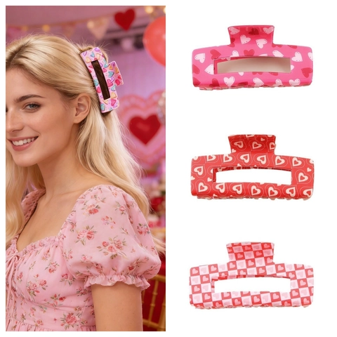 Pinces À Cheveux PVC Motif Cœur Damier Carré Creux Pince Requin Douce Saint Valentin Romantique Accessoires Cheveux Femmes