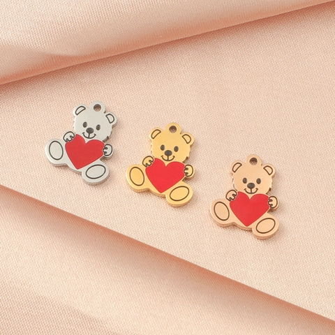 Dijes De Oso Colgantes De Acero Inoxidable Con Corazón De Esmalte Rojo Accesorios Joyería DIY Para Pulsera Collar Lindo Oso