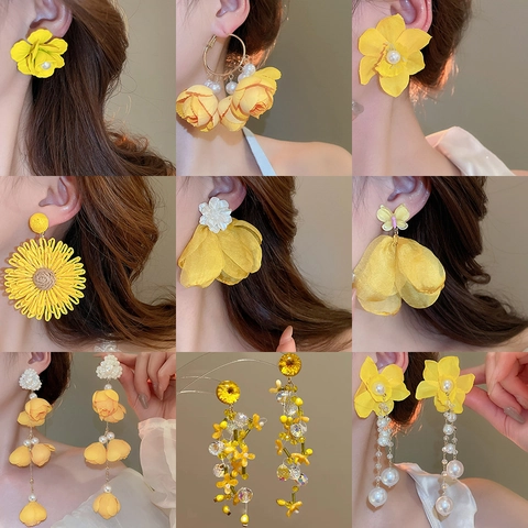 Fashion Flower Drop Earrings For Women Sweet Fabric Petal Tassel Faux Artificial Pearl Dangle Earrings With Silver Earring Post