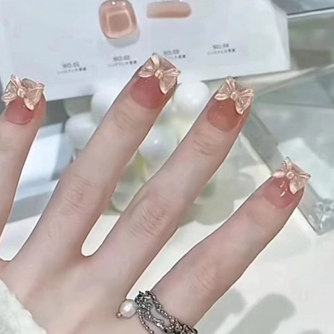 Uñas Postizas A Presión Con Degradado Rosa Con Lazo De Resina 3D Rubor Cristalino Uñas Artificiales Dulce Manicura Moda