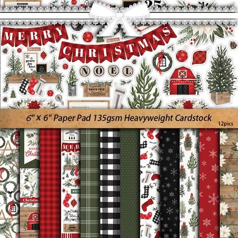 Carta Scrapbooking Natale Vintage Farmhouse Per Journaling DIY Creazione Biglietti Retro Quadri Pino Senza Acido