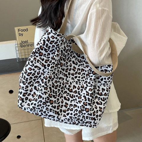 Borsa Tote In Tela Con Stampa Leopardata E Mucca Grande Capacità Borsa A Spalla Casual Morbida Per Donna