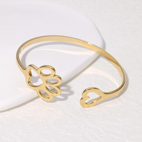 Pulsera Abierta Ajustable De Acero Inoxidable Corazón Huella Joyería Minimalista Dulce Para Mujer Regalo Amante Mascotas