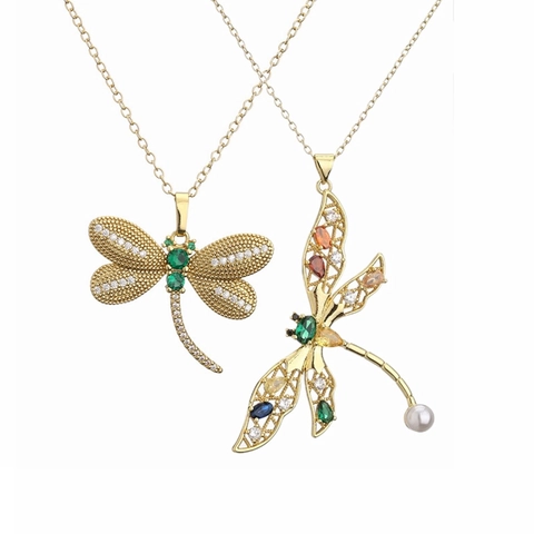 Fashion Copper Zirconia Butterfly Dragonfly Pendant Necklace For Women Colorful Rhinestone Animal Inlaid Gold Plated Jewelry Party Gift