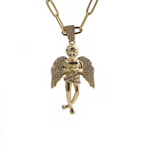 Collier Pendentif Ange Boussole Hip Hop Cuivre Plaqué Or Micro Incrusté Zircon Bijoux Hommes