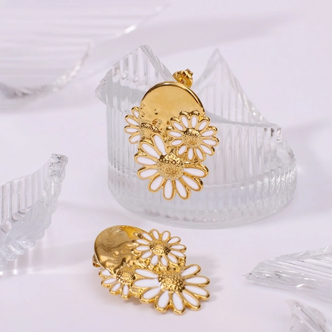 Gänseblümchen Tropfenohrringe 18K Vergoldeter Edelstahl Weißes Emaille INS Stil Eleganter Schmuck Für Damen