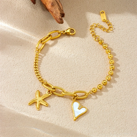 Starfish Heart Charm Bracelet For Women 18K Gold Plated Stainless Steel Asymmetrical Bead Link Chain Adjustable Jewelry