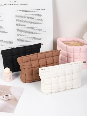 Fashion Quilted Makeup Bag Women Puffer Nylon Cosmetic Pouch Solid Color Travel Storage Organizer Handheld Clutch Bag