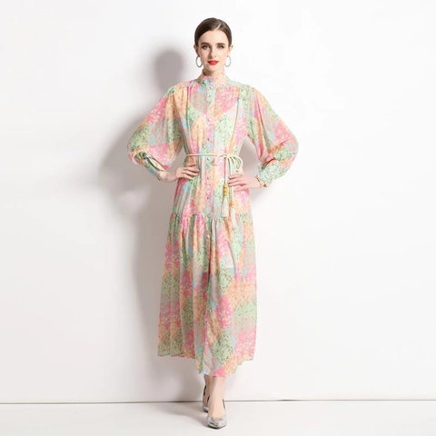 Damen Boho Patchwork Floral Maxikleid Chiffon Stehkragen Laternenärmel Quastengürtel Elegantes Fließendes Langes Kleid