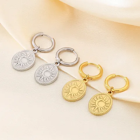 Orecchini A Cerchio In Acciaio Inossidabile Con Pendente Ovale Sole E Luna Placcato Oro 18K Gioielli Retro Per Donna