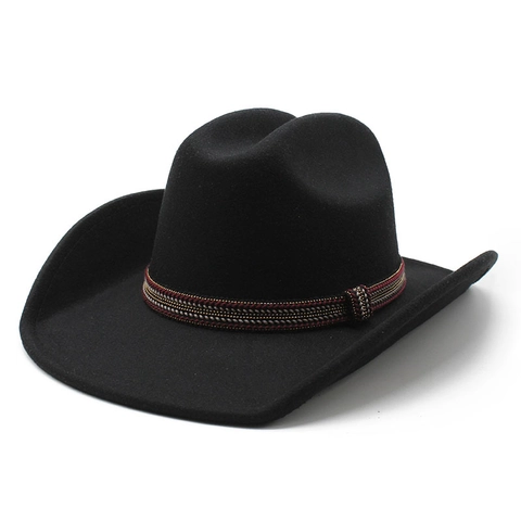 Chapeau De Cow-Boy Occidental Feutre De Laine Large Bord Bande Tissée Ethnique Style Fedora Pour Hommes Femmes